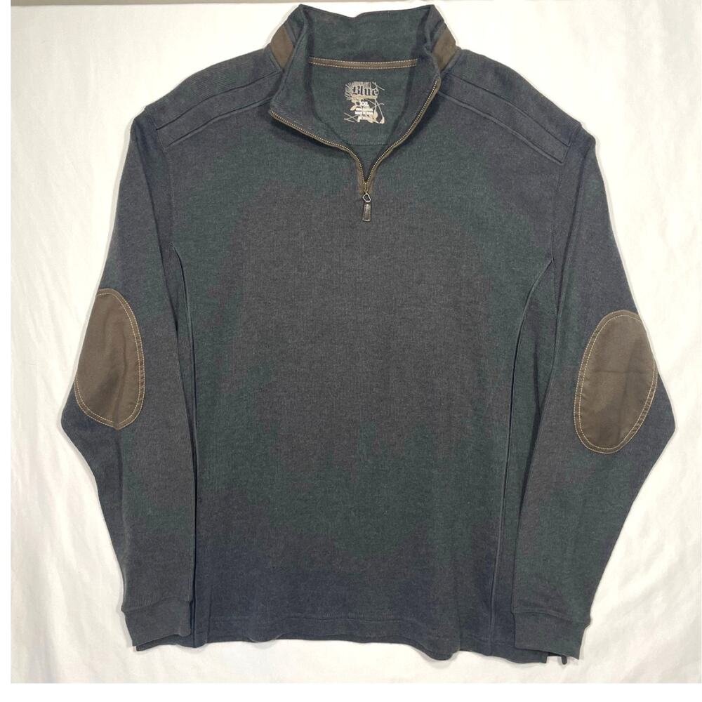 Blue Pronto Uomo Sweater Mens XXL Grey 1/4 Zip LS Elbow Patch Academia Fisherman